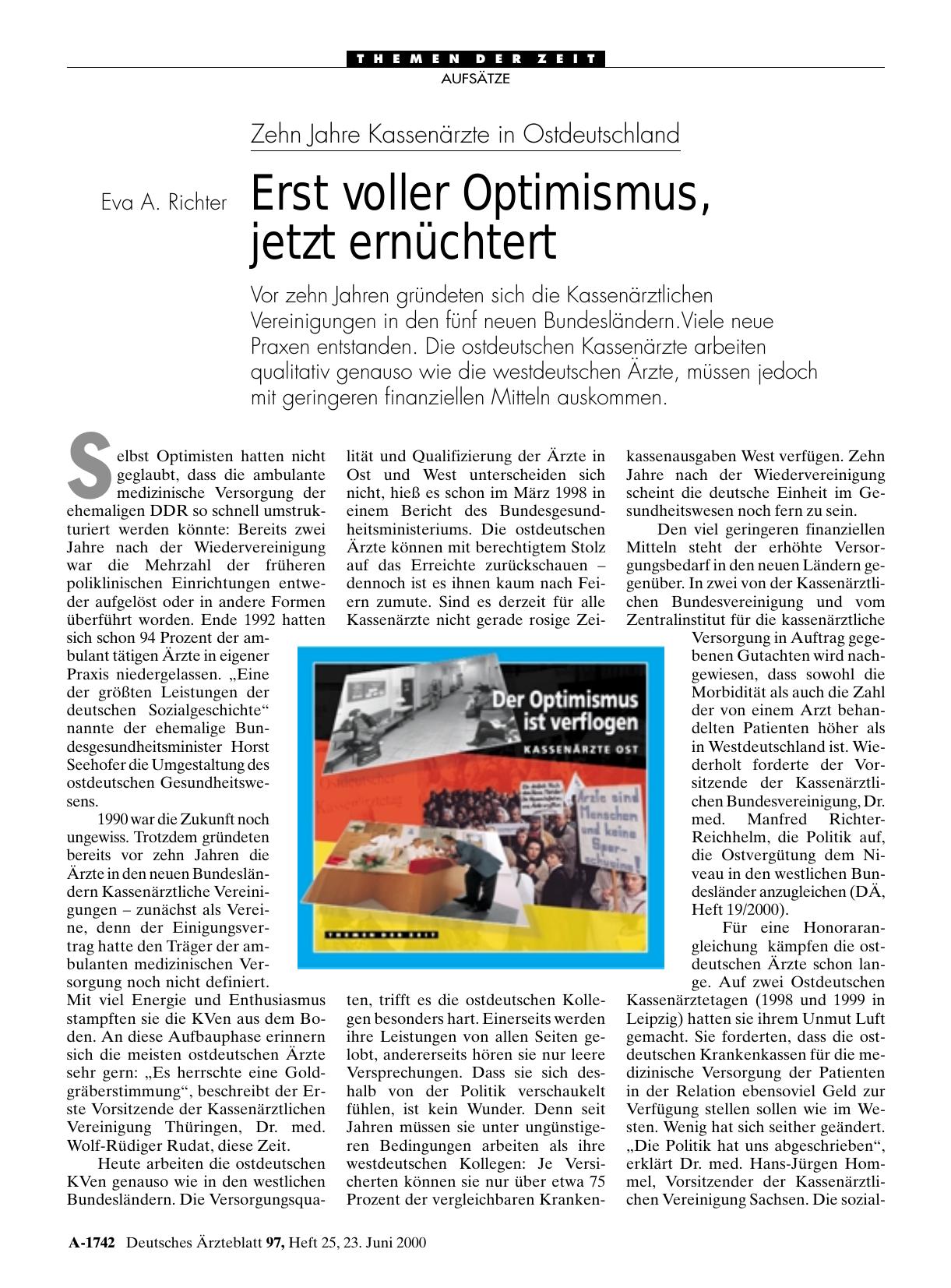 Vorschauseite 1: Zehn Jahre Kassenärzte in Ostdeutschland: Erst voller Optimismus, jetzt ernüchtert