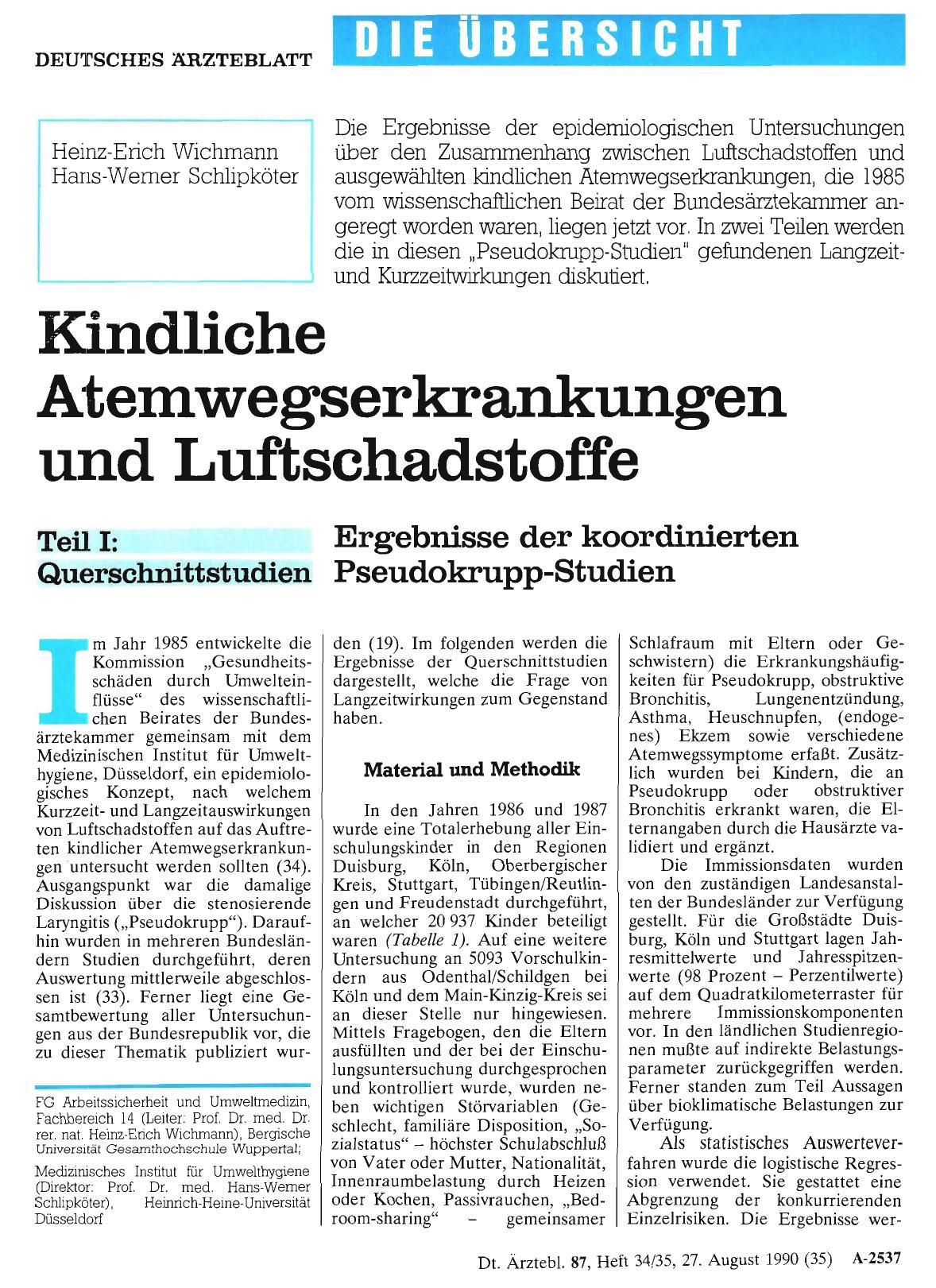 Vorschauseite 1: Kindliche Atemwegserkrankungen und Luftschadstoffe: Teil I: Querschnittstudien