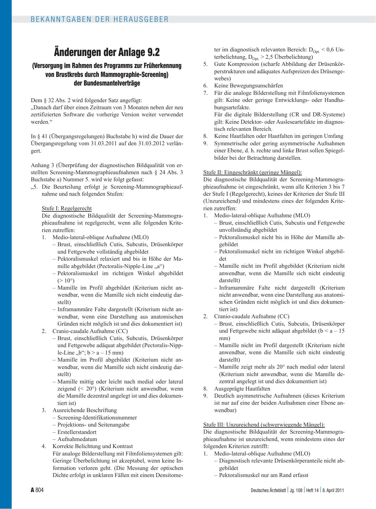 Vorschauseite 1: Änderungen der Anlage 9. 2 (Versorgung im Rahmen des Programms zur Früherkennung von Brustkrebs durch Mammographie-Screening) der Bundesmantelverträge