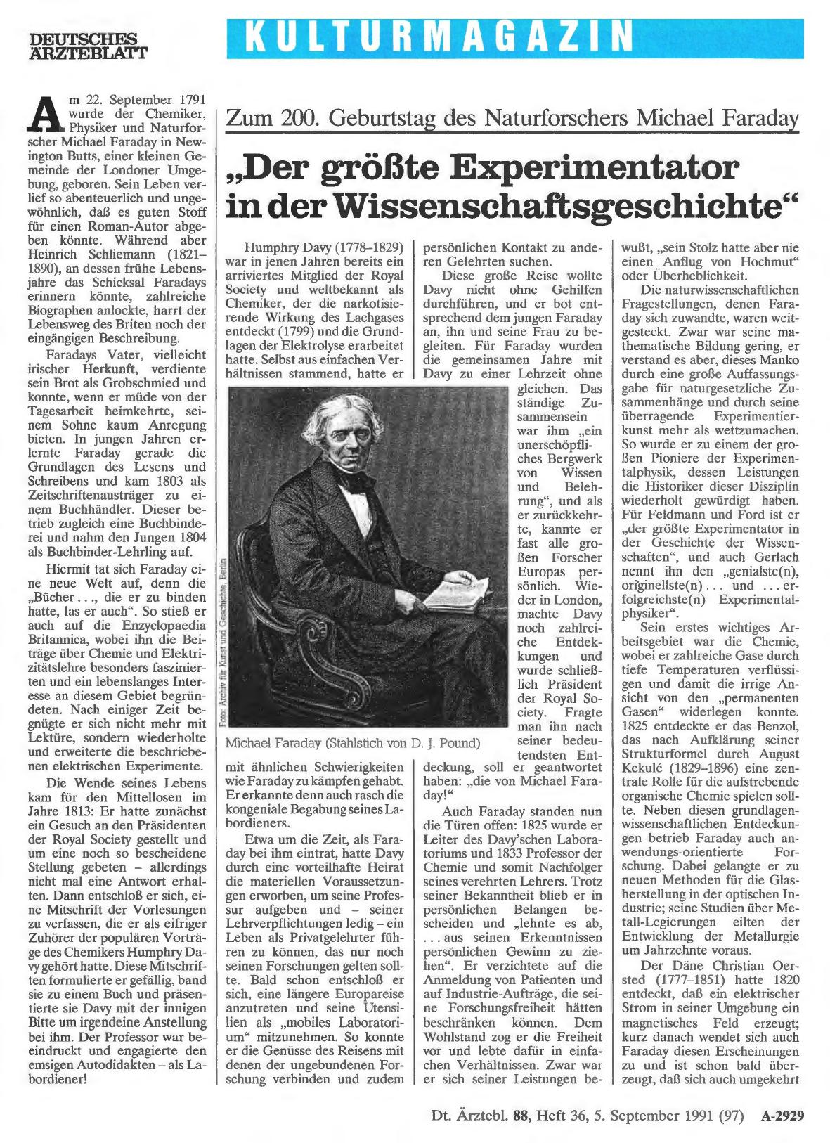 Vorschauseite 1: Zum 200. Geburtstag des Naturforschers Michael Faraday: „Der größte Experimentator in der Wissenschaftsgeschichte“
