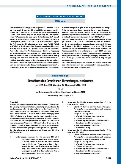 Vorschauseite 1: Beschluss des Erweiterten Bewertungsausschusses nach § 87 Abs. 4 SGB V in seiner 50. Sitzung am 29. März 2017: Teil A + Teil B sowie Vorgaben zur Anpassung der kassenspezifischen…