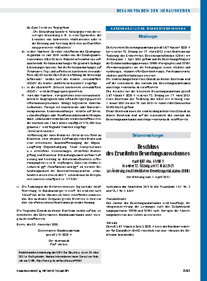 Vorschauseite 1: Beschluss des Erweiterten Bewertungsausschusses nach § 87 Abs. 4 SGB V in seiner 72. Sitzung am 17. März 2021 zur Änderung des Einheitlichen Bewertungsmaßstabes (EBM)