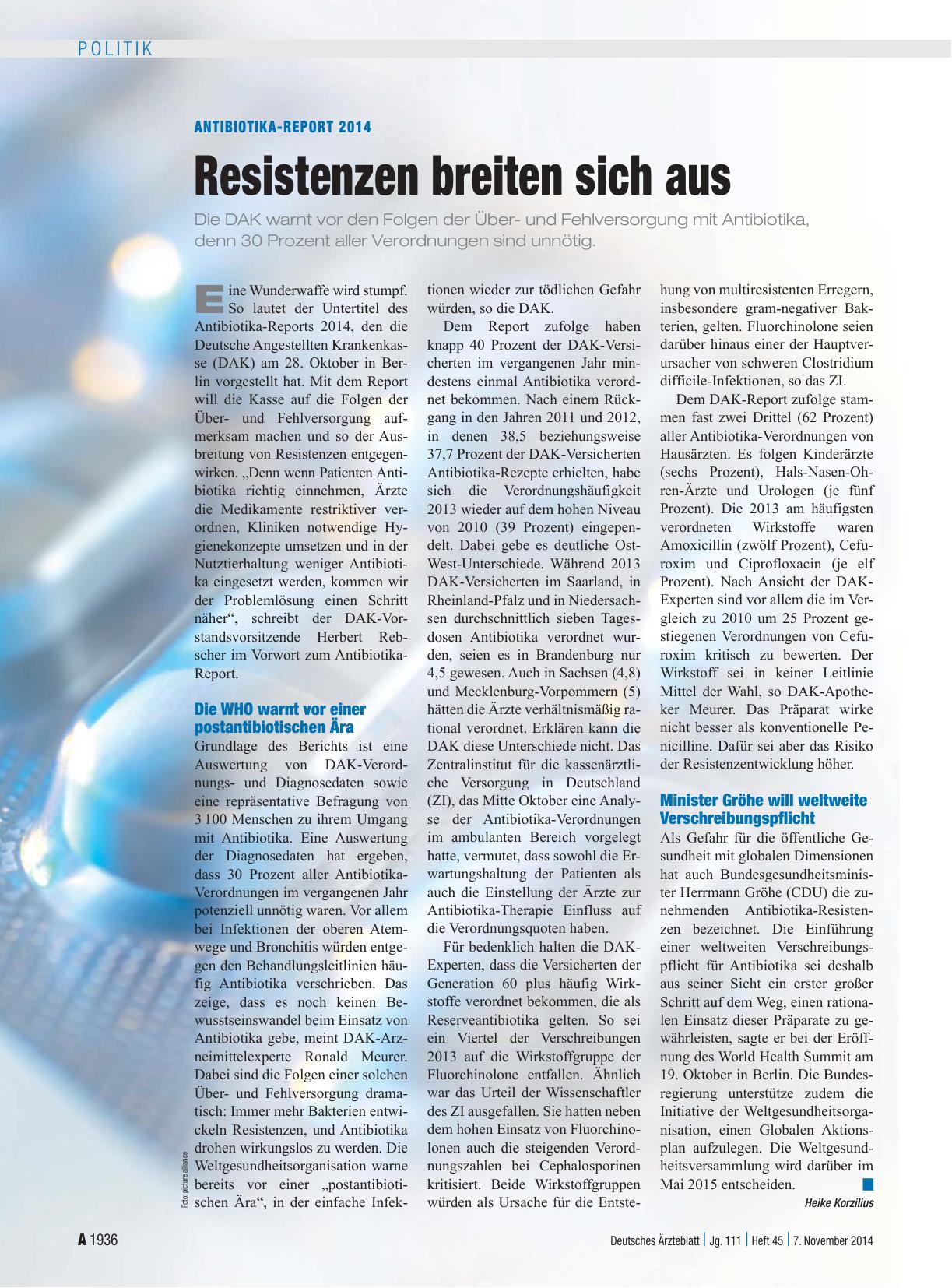 Vorschauseite 1: Antibiotika-Report 2014: Resistenzen breiten sich aus