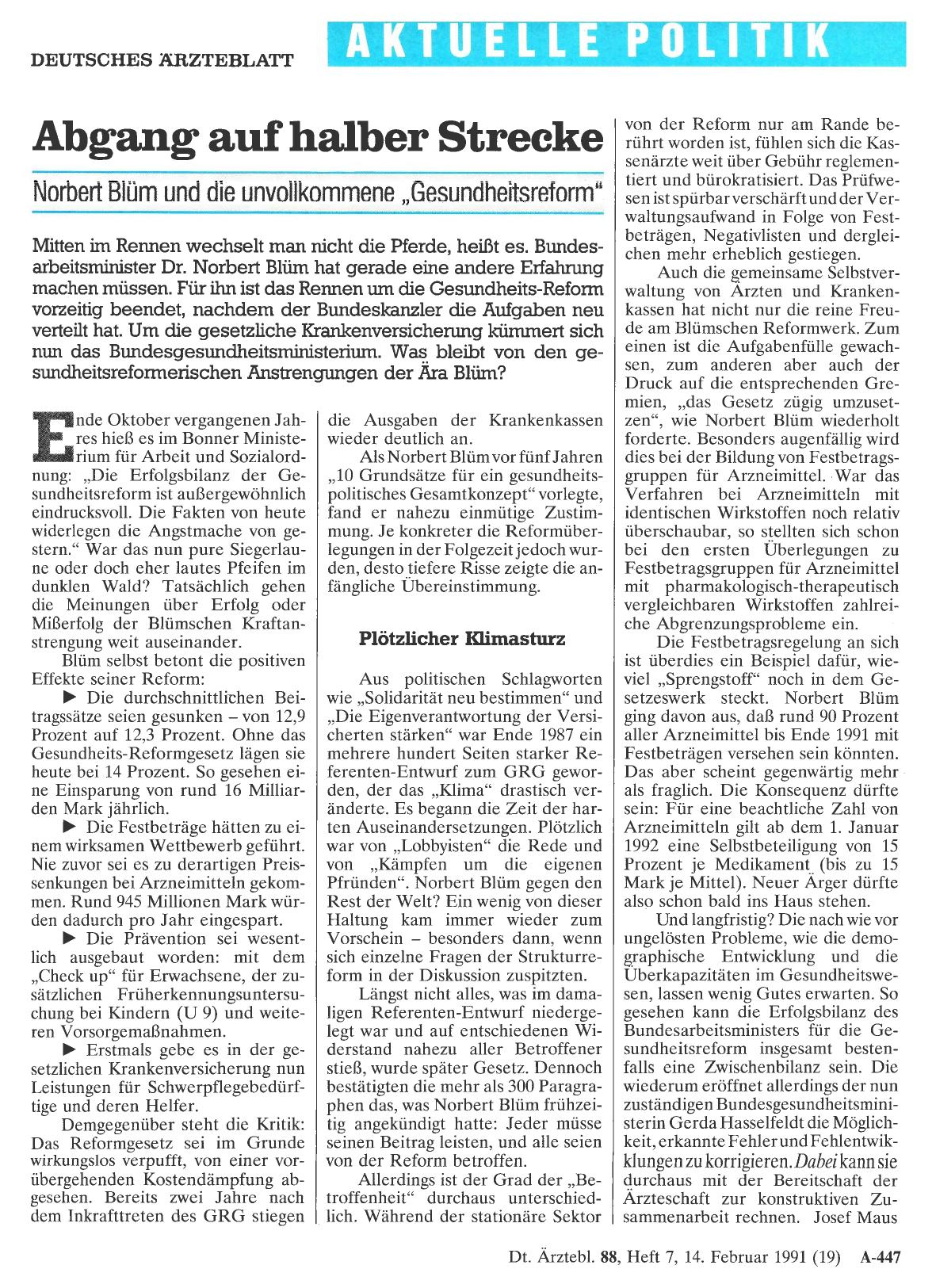 Vorschauseite 1: Abgang auf halber Strecke: Norbert Blüm und die unvollkommene „Gesundheitsreform“