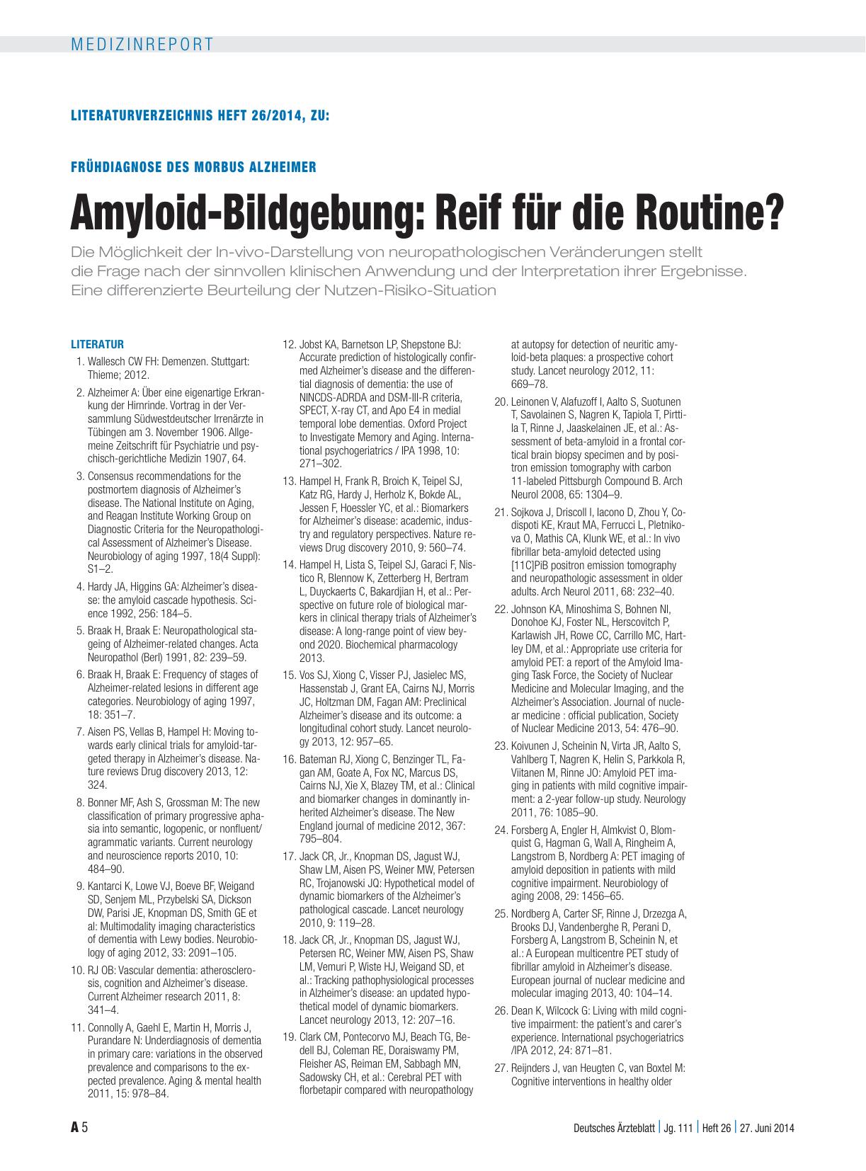 Vorschauseite 5: Frühdiagnose des Morbus Alzheimer: Amyloid-Bildgebung – Reif für die Routine?