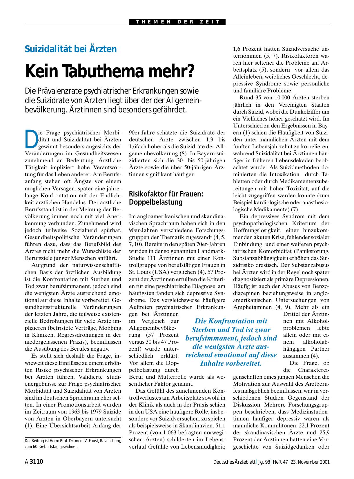 Vorschauseite 1: Suizidalität bei Ärzten: Kein Tabuthema mehr?