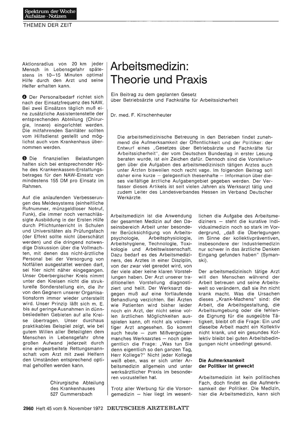 Vorschauseite 1: Arbeitsmedizin: Theorie und Praxis — Ein Beitrag zu dem geplanten Gesetz über Betriebsärzte und Fachkräfte für Arbeitssicherheit