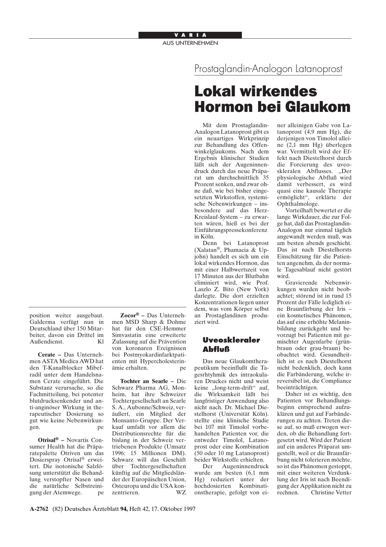 Vorschauseite 1: Prostaglandin-Analogon Latanoprost: Lokal wirkendes Hormon bei Glaukom
