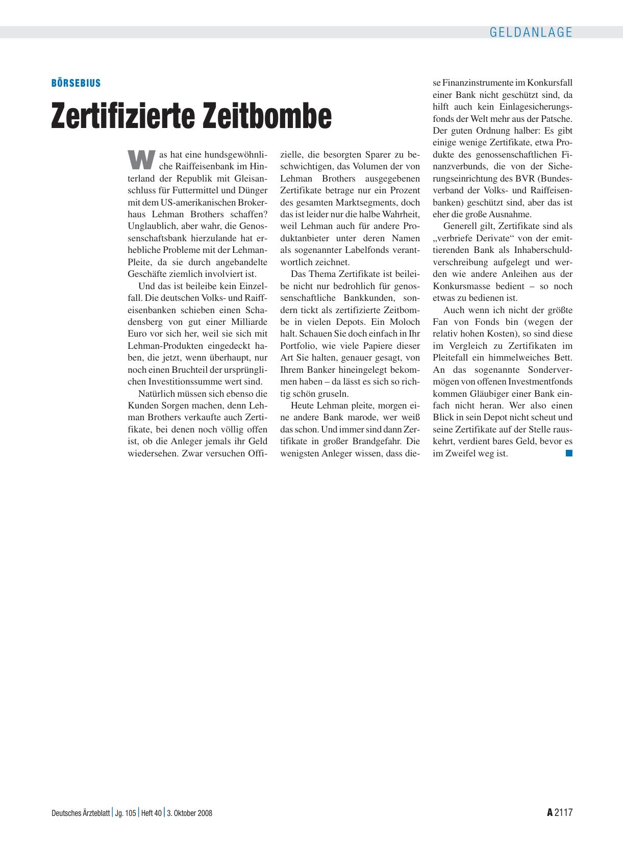 Vorschauseite 1: Börsebius: Zertifizierte Zeitbombe