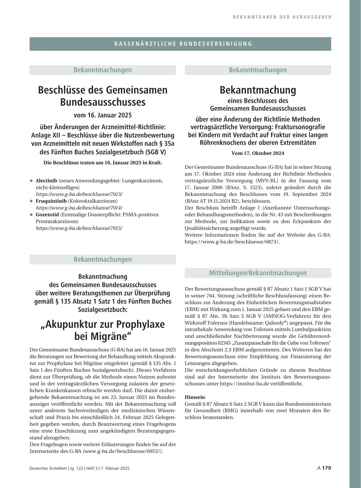 Vorschauseite 1: Bekanntmachung des Gemeinsamen Bundesausschusses über weitere Beratungsthemen zur Überprüfung: „Akupunktur zur Prophylaxe bei Migräne“