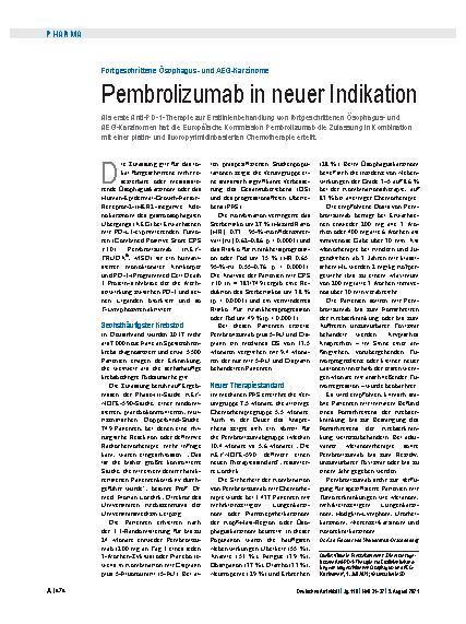 Vorschauseite 1: Fortgeschrittene Ösophagusund AEG-Karzinome: Pembrolizumab in neuer Indikation
