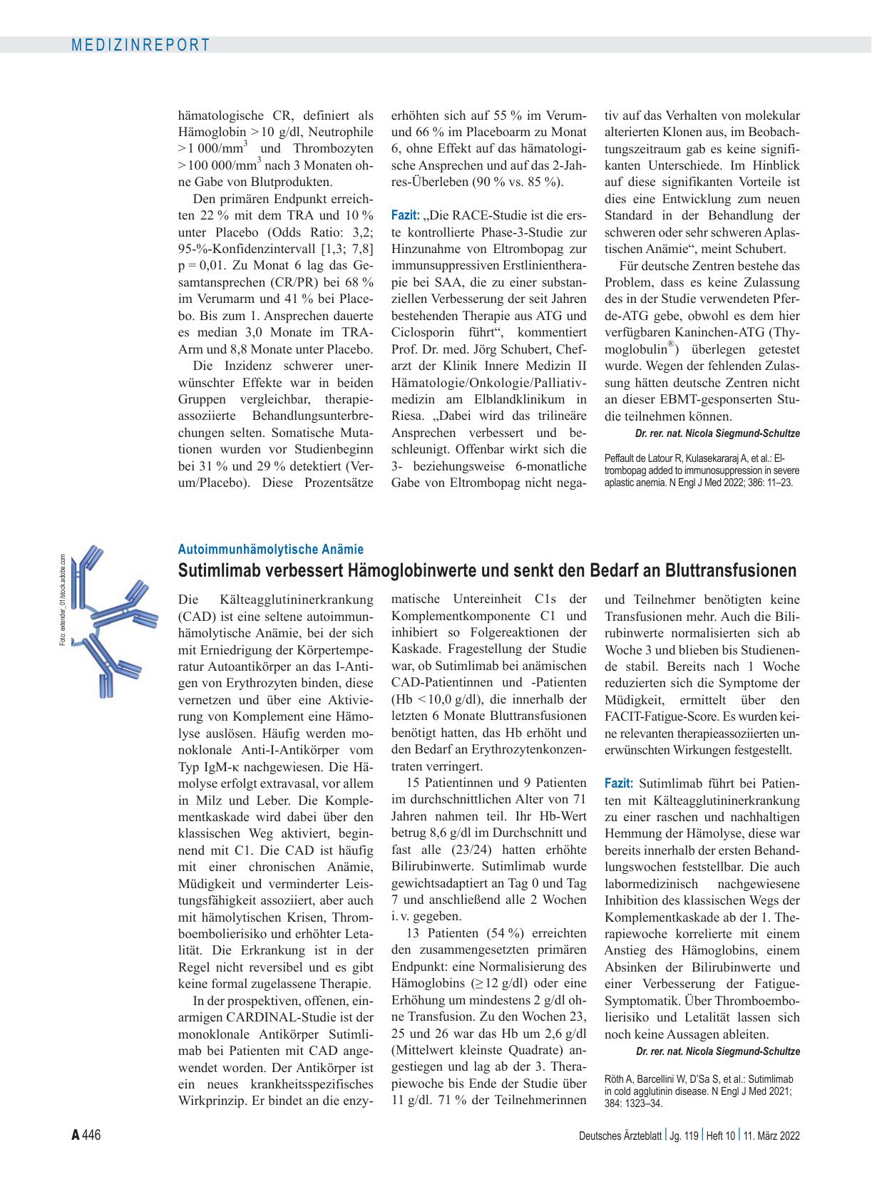 Vorschauseite 1: Autoimmunhämolytische Anämie: Sutimlimab verbessert Hämoglobinwerte und senkt den Bedarf an Bluttransfusionen