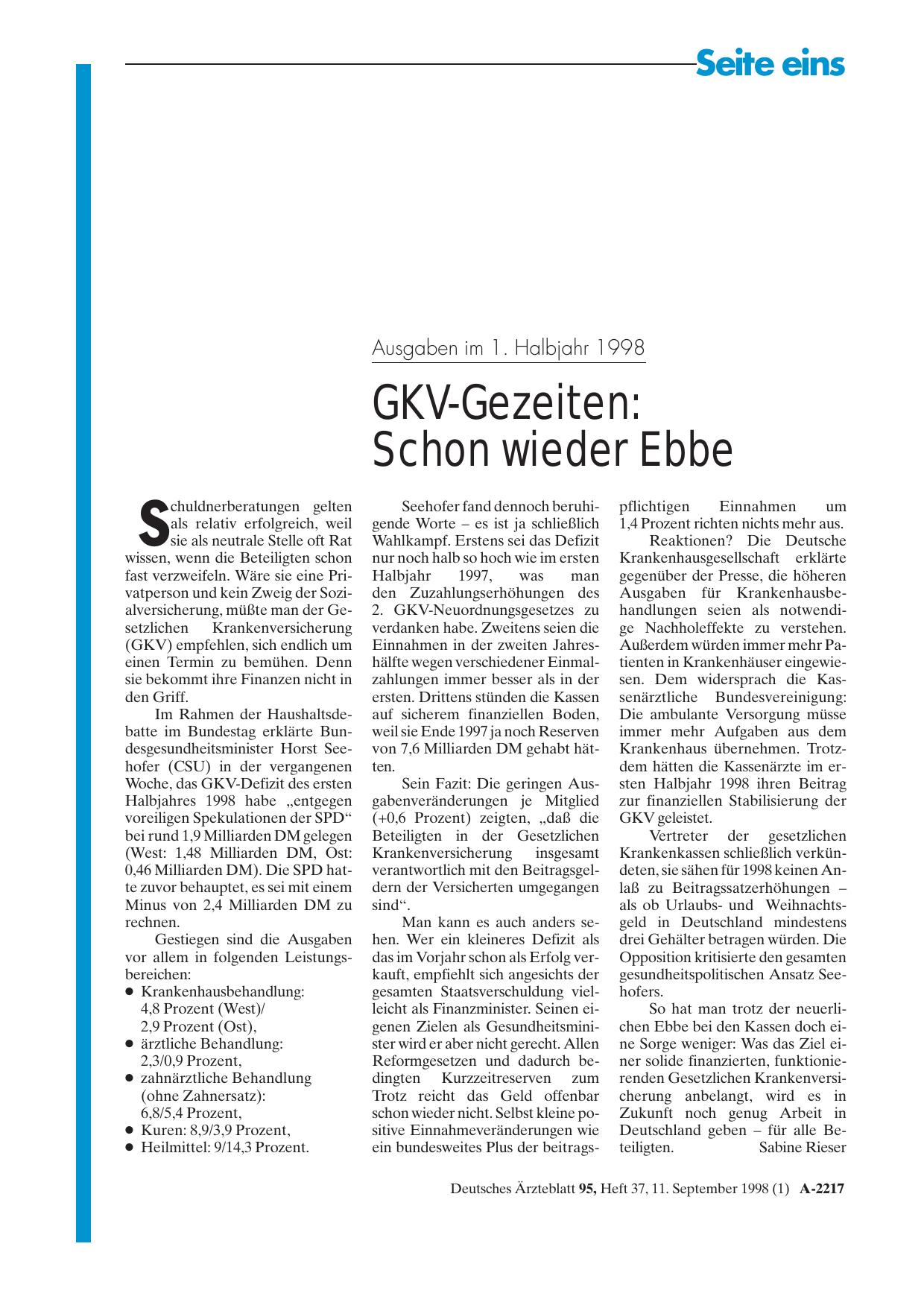 Vorschauseite 1: Ausgaben im 1. Halbjahr 1998 – GKV-Gezeiten: Schon wieder Ebbe