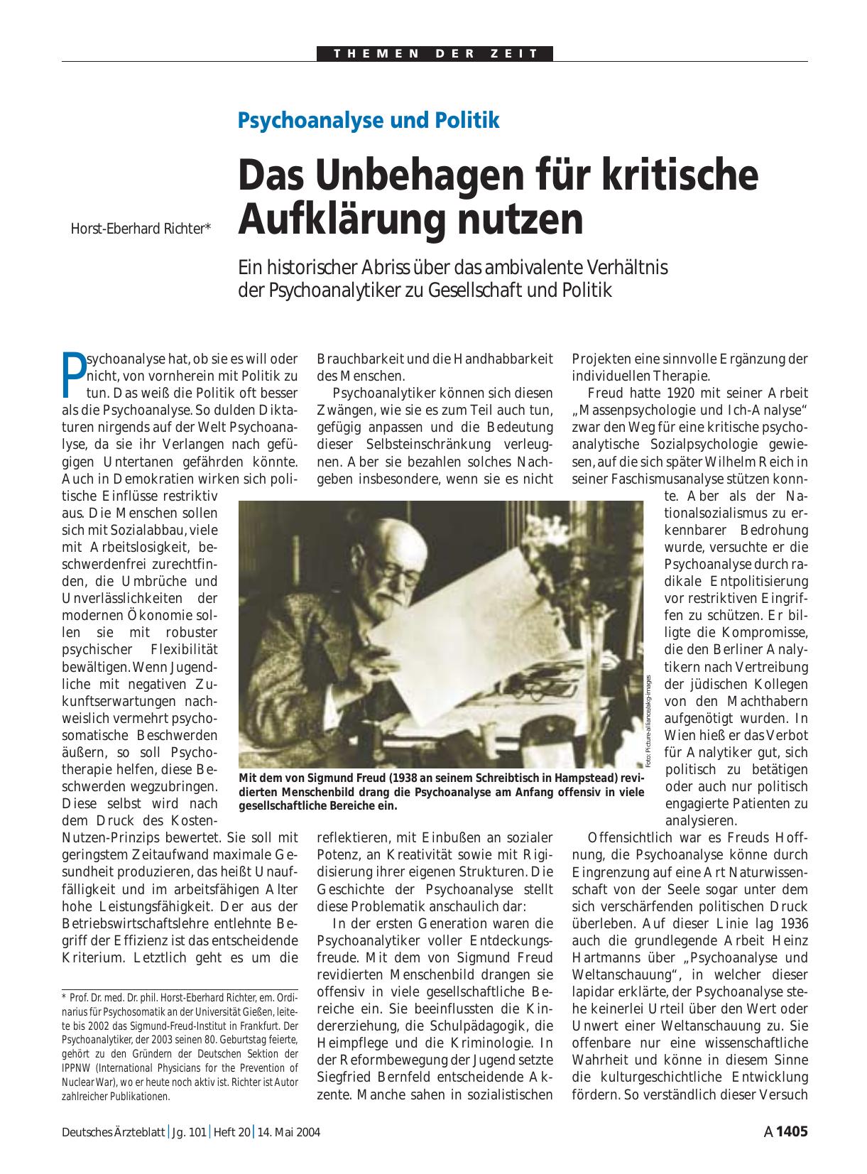 Vorschauseite 1: Psychoanalyse und Politik: Das Unbehagen für kritische Aufklärung nutzen