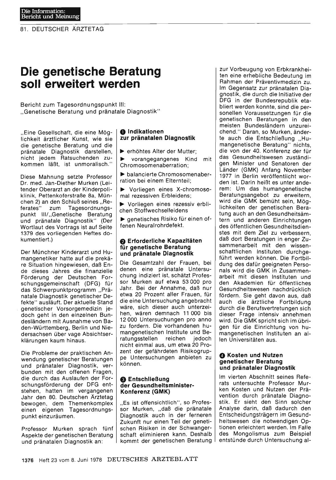 Vorschauseite 1: Die genetische Beratung soll erweitert werden: Bericht zum Tagesordnungspunkt III: „Genetische Beratung und pränatale Diagnostik“