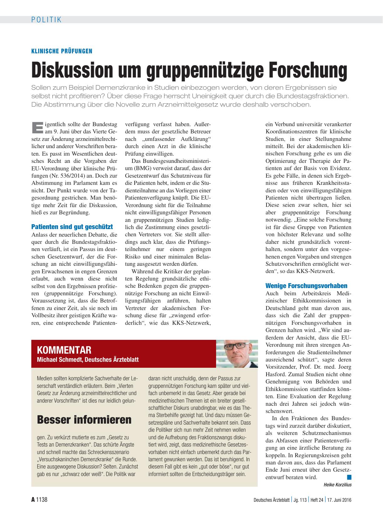 Vorschauseite 1: Klinische Prüfungen: Diskussion um gruppennützige Forschung