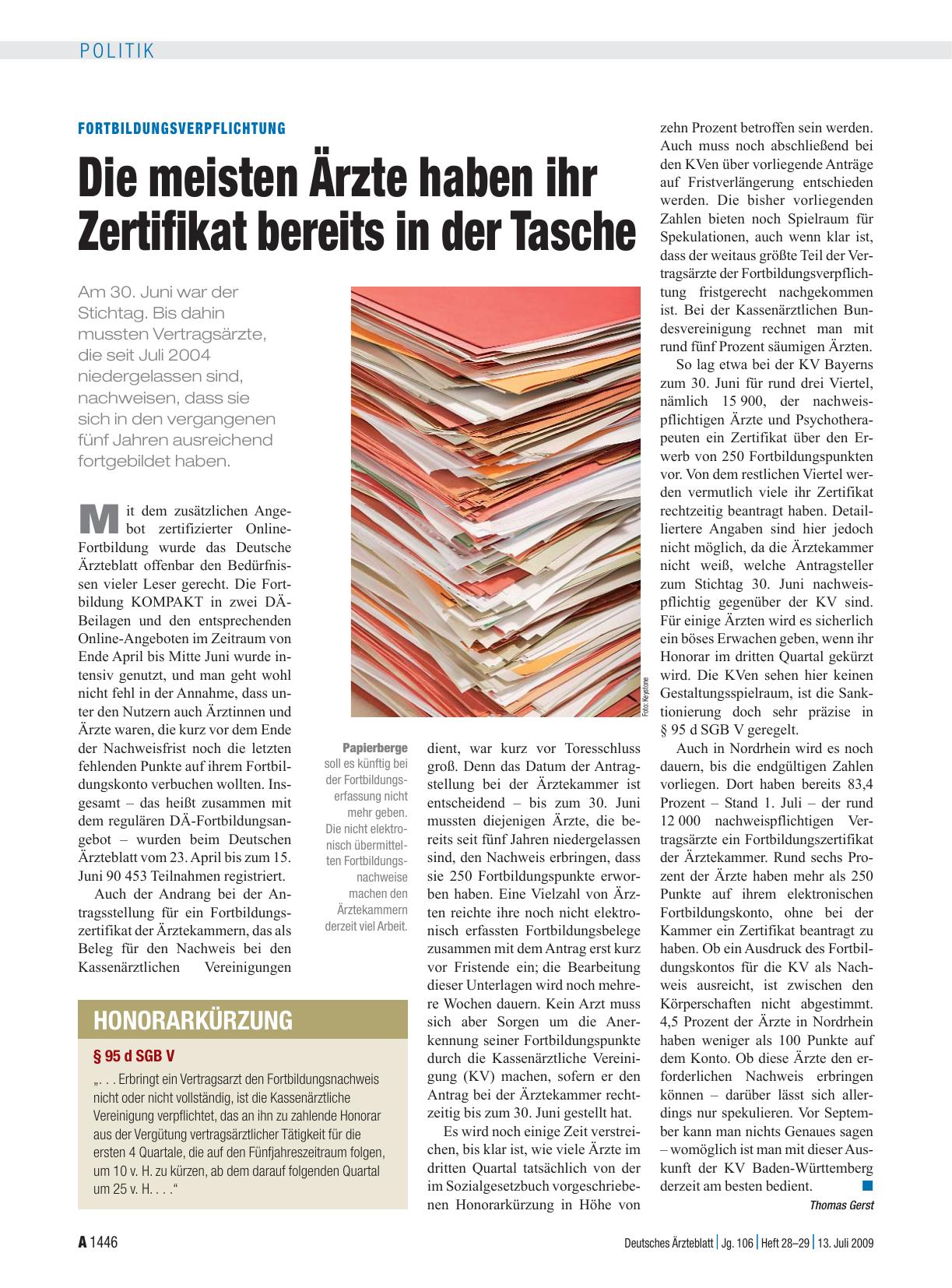 Vorschauseite 1: Fortbildungsverpflichtung: Die meisten Ärzte haben ihr Zertifikat bereits in der Tasche