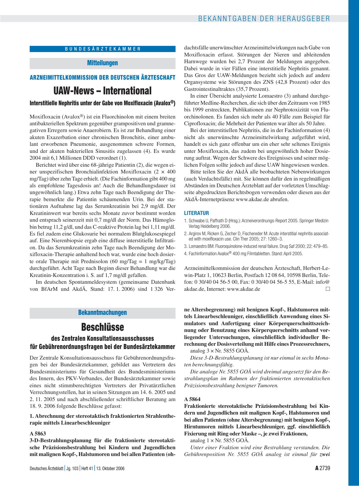 Vorschauseite 1: Mitteilungen: UAW-News – International – Interstitielle Nephritis unter der Gabe von Moxifloxacin (Avalox®)