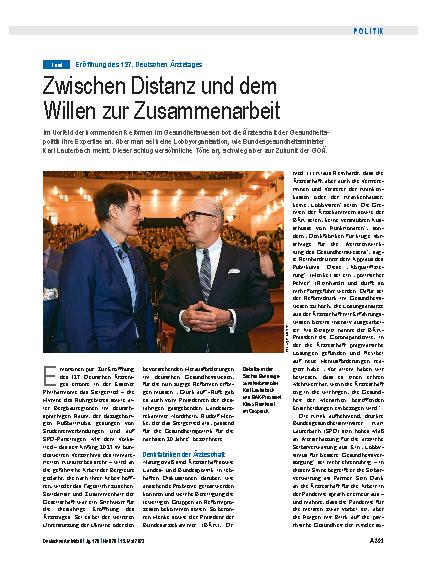 Vorschauseite 1: Eröffnung des 127. Deutschen Ärztetages: Zwischen Distanz und dem Willen zur Zusammenarbeit