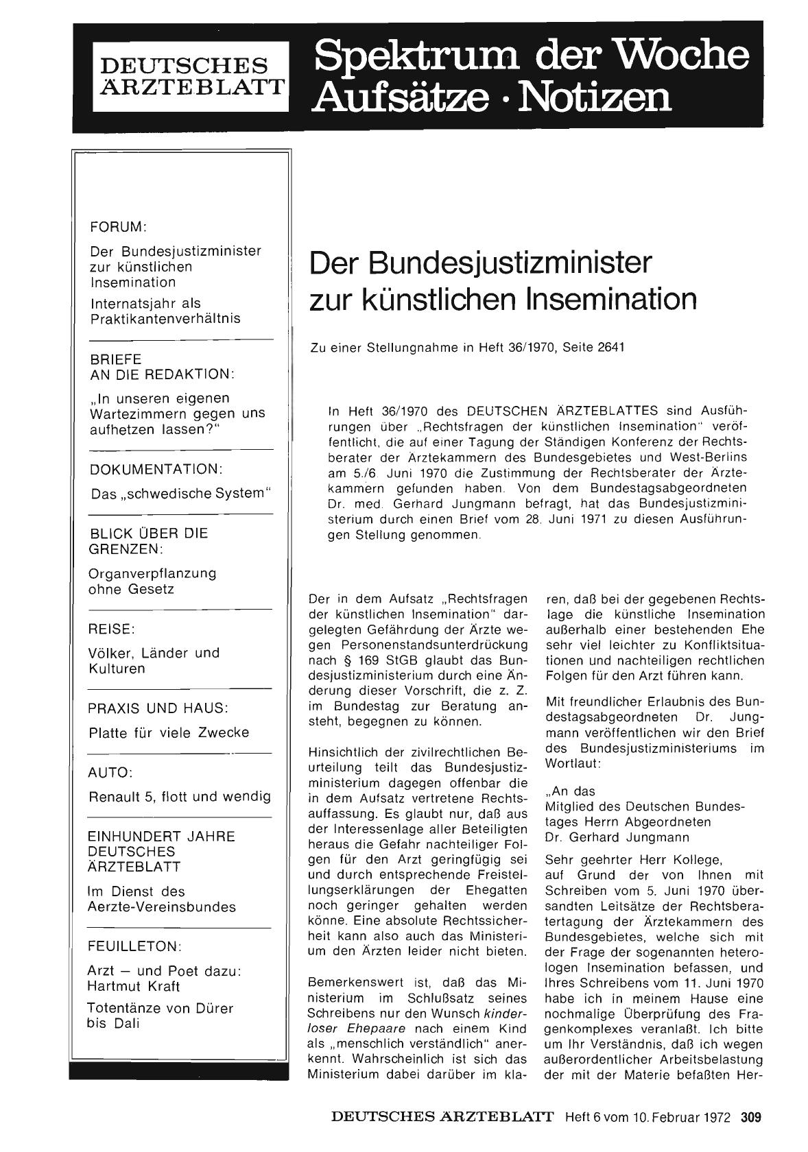 Vorschauseite 1: Der Bundesjustizminister zur künstlichen Insemination
