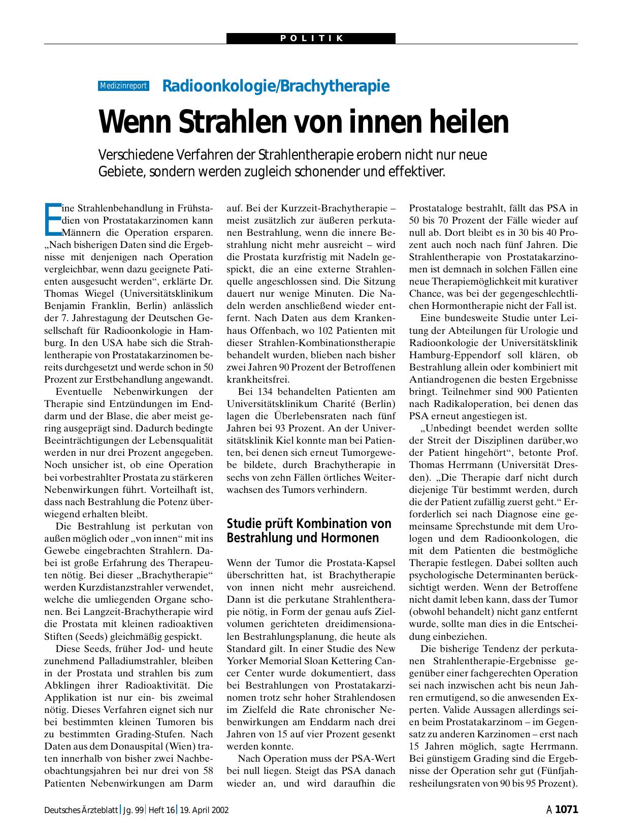 Vorschauseite 1: Radioonkologie/Brachytherapie: Wenn Strahlen von innen heilen