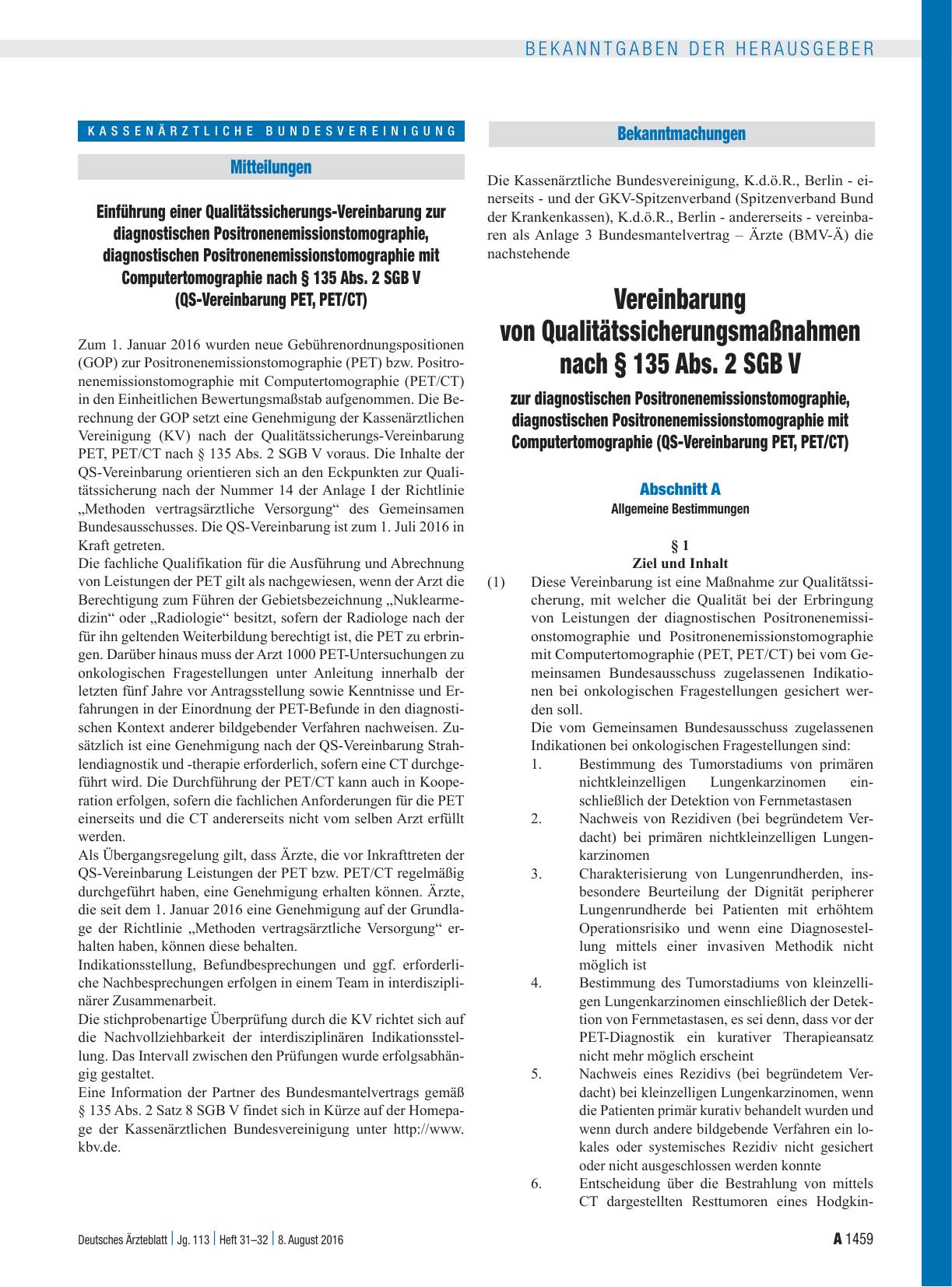 Vorschauseite 1: Einführung einer Qualitätssicherungs-Vereinbarung zur diagnostischen Positronenemissionstomographie, diagnostischen Positronenemissionstomographie mit Computertomographie nach § 1…