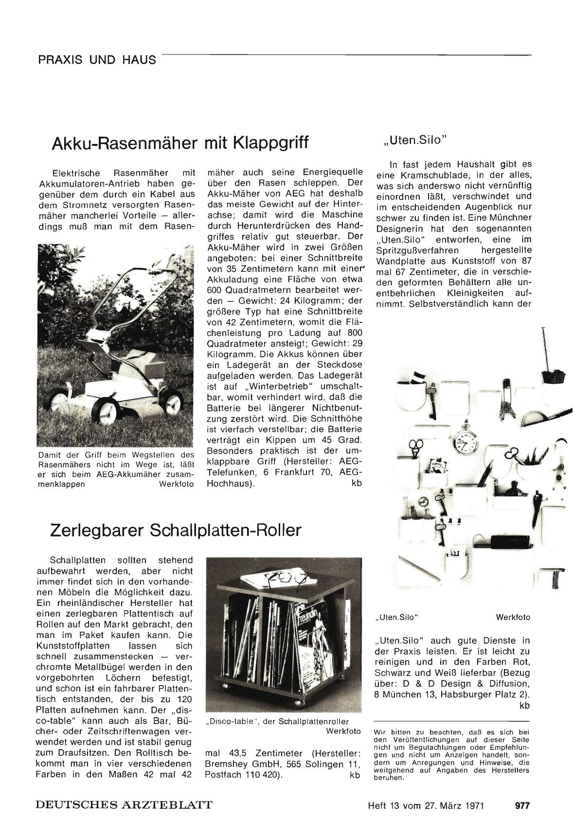Vorschauseite 1: Akku-Rasenmäher mit Klappgriff / Zerlegbarer Schallplatten-Roller / „Uten. Silo"