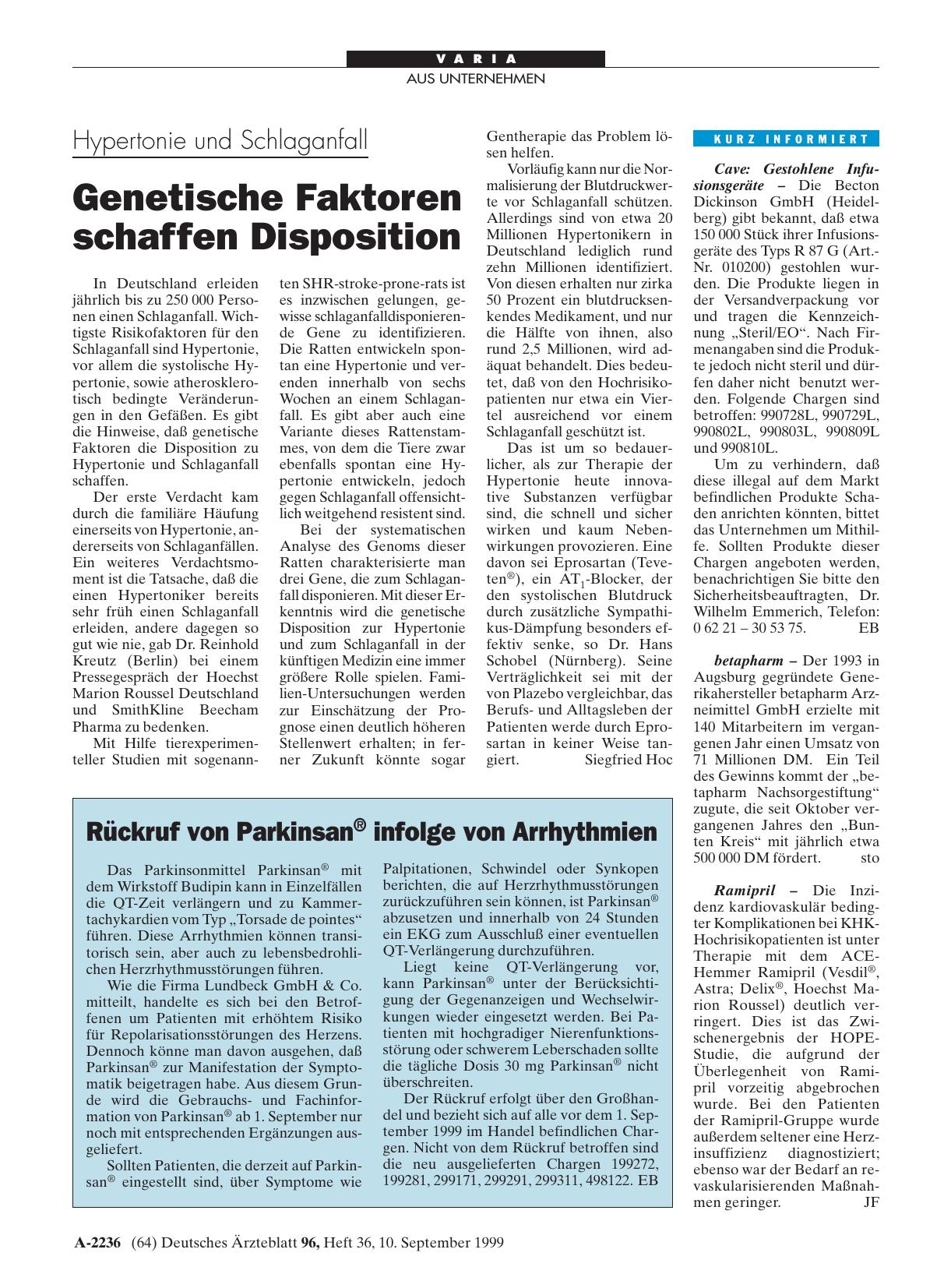 Vorschauseite 1: Rückruf von Parkinsan® infolge von Arrhythmien