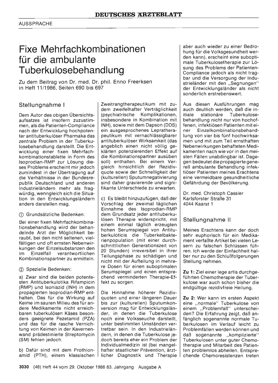 Vorschauseite 1: Fixe Mehrfachkombinationen für die ambulante Tuberkulosebehandlung: Stellungnahme I
