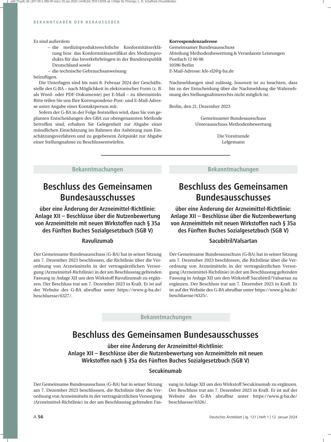 Vorschauseite 1: Beschluss des Gemeinsamen Bundesausschusses über eine Änderung der Arzneimittel-Richtlinie: Ravulizumab
