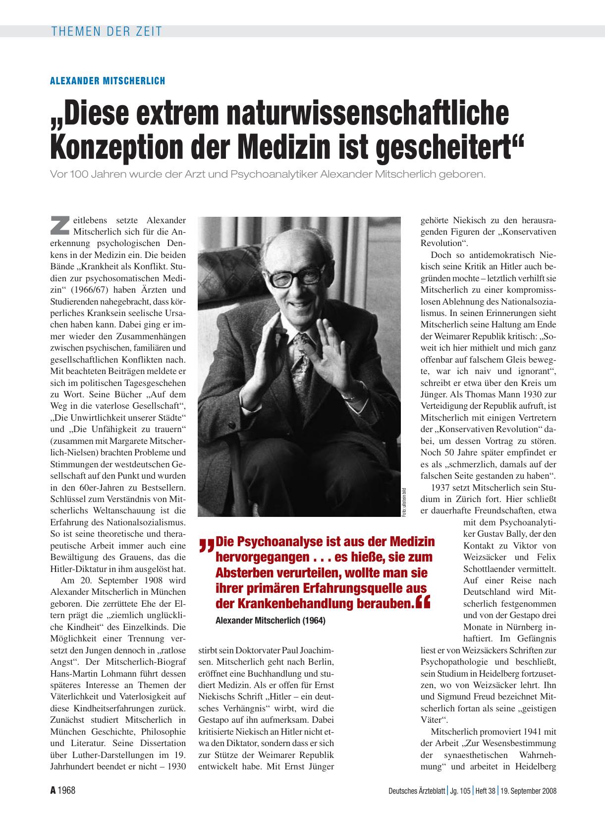 Vorschauseite 1: Alexander Mitscherlich: „Diese extrem naturwissenschaftliche Konzeption der Medizin ist gescheitert“