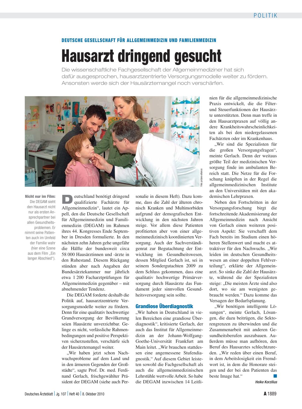 Vorschauseite 1: Deutsche Gesellschaft für Allgemeinmedizin und Familienmedizin: Hausarzt dringend gesucht