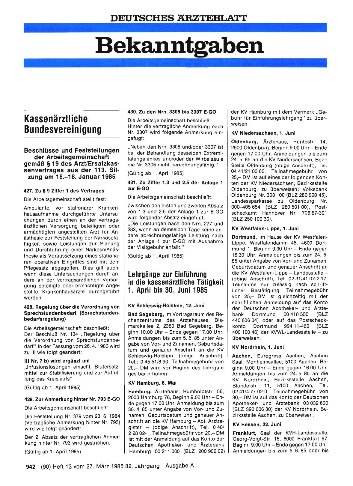 Vorschauseite 1: Beschlüsse und Feststellungen der Arbeitsgemeinschaft gemäß § 19 des Arzt/Ersatzkassenvertrages aus der 113. Sitzung am 16. -18. Januar 1985