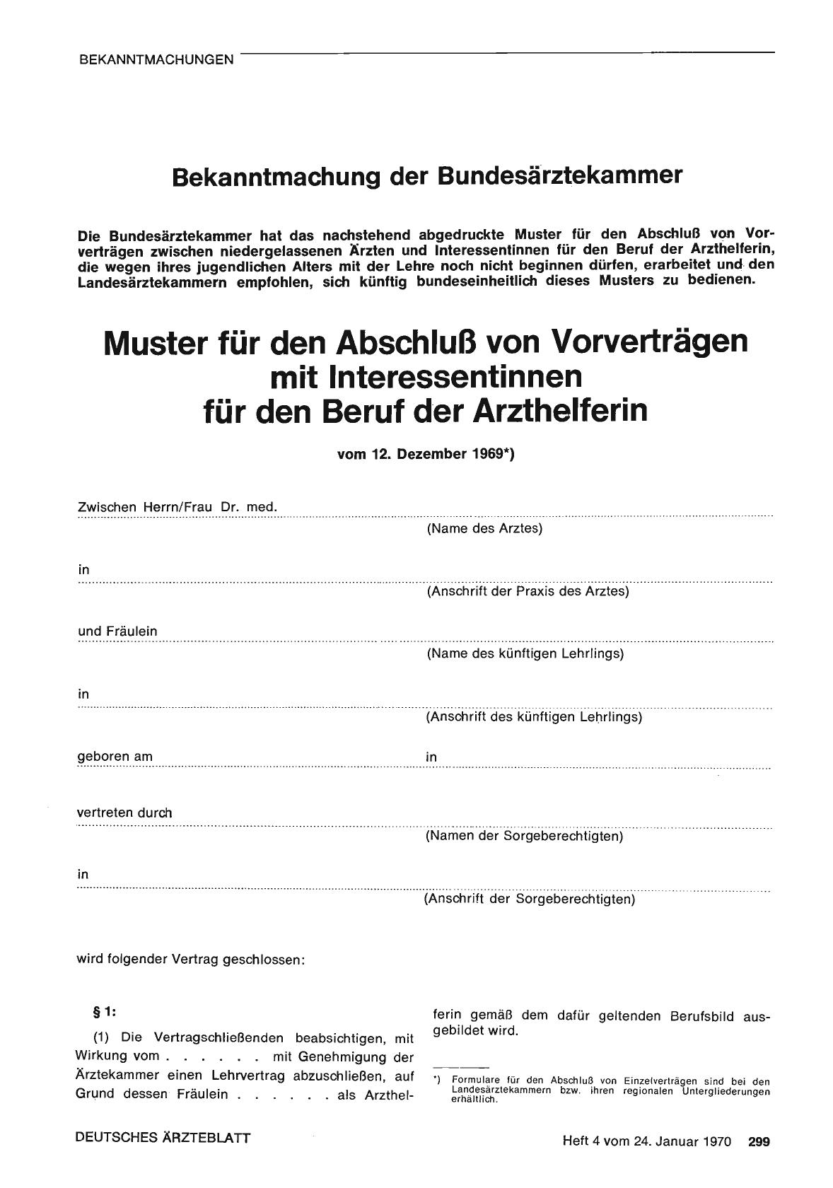 Vorschauseite 1: Bekanntmachung der Bundesärztekammer: Muster für den Abschluß von Vorverträgen mit Interessentinnen für den Beruf der Arzthelferin