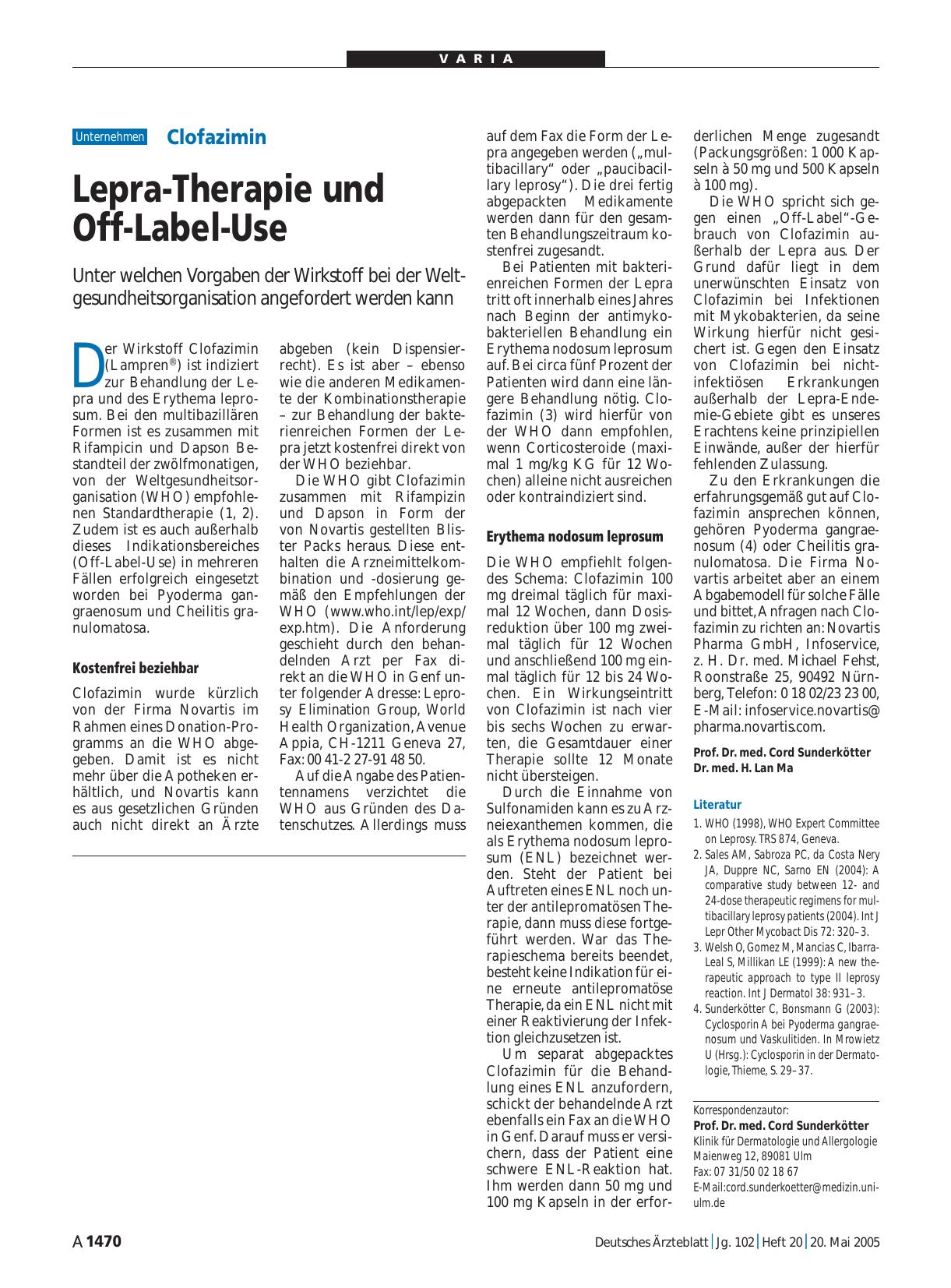 Vorschauseite 1: Clofazimin: Lepra-Therapie und Off-Label-Use