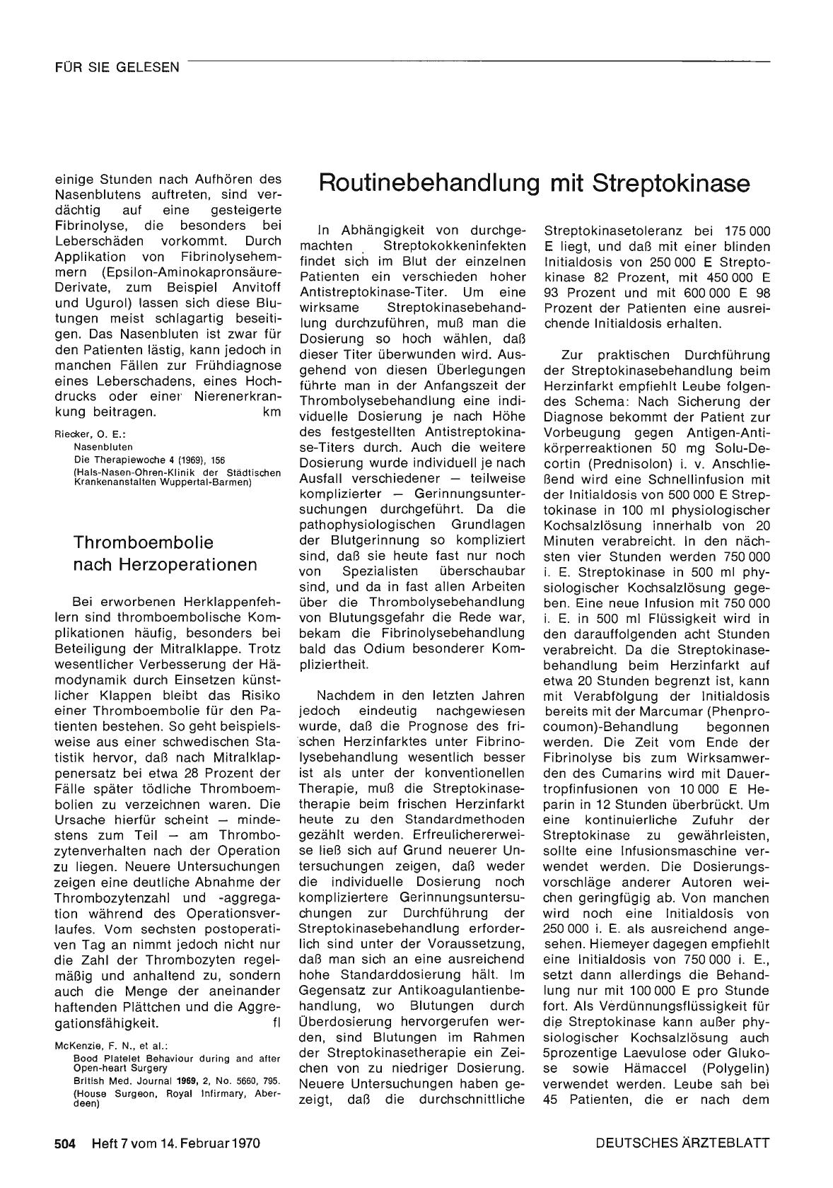 Vorschauseite 1: Routinebehandlung mit Streptokinase