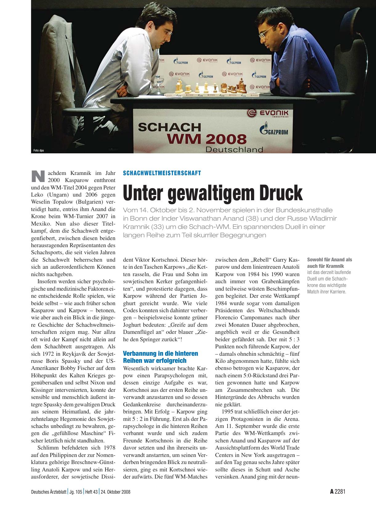 Vorschauseite 1: Schachweltmeisterschaft: Unter gewaltigem Druck