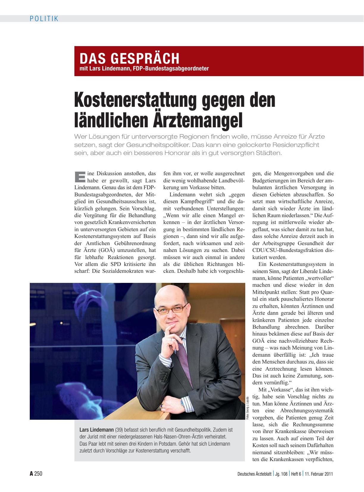 Vorschauseite 1: Das Gespräch mit Lars Lindemann, FDP-Bundestagsabgeordneter: Kostenerstattung gegen den ländlichen Ärztemangel