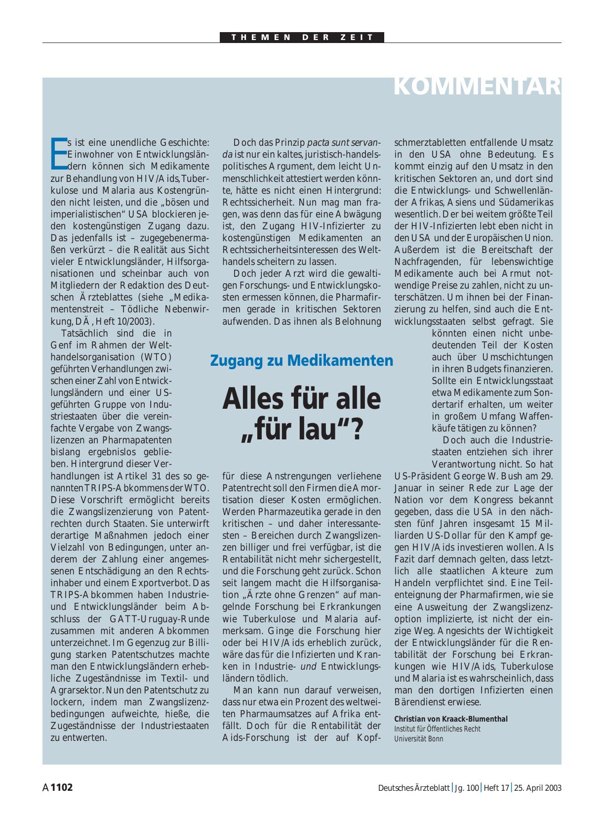 Vorschauseite 1: Zugang zu Medikamenten: Alles für alle „für lau“?