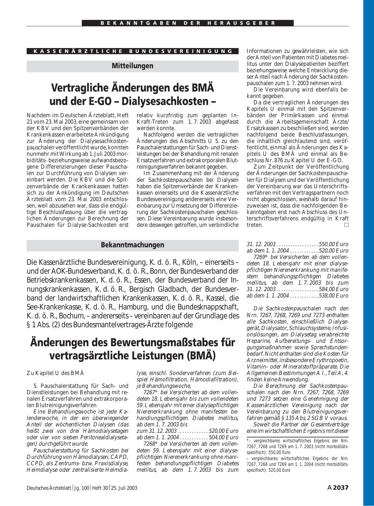 Vorschauseite 1: Mitteilungen: Vertragliche Änderungen des BMÄ und der E-GO – Dialysesachkosten –