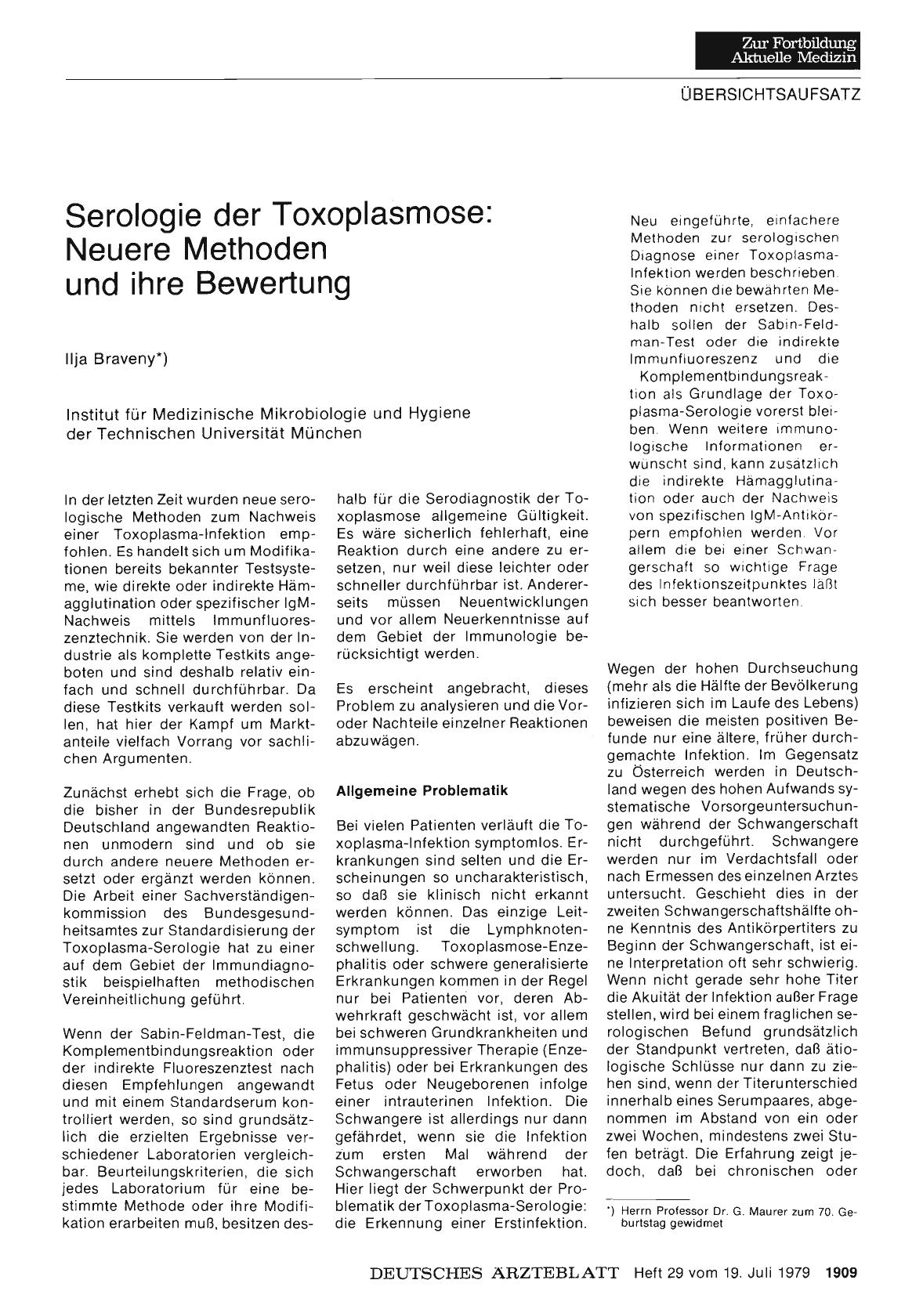 Vorschauseite 1: Serologie der Toxoplasmose: Neuere Methoden und ihre Bewertung