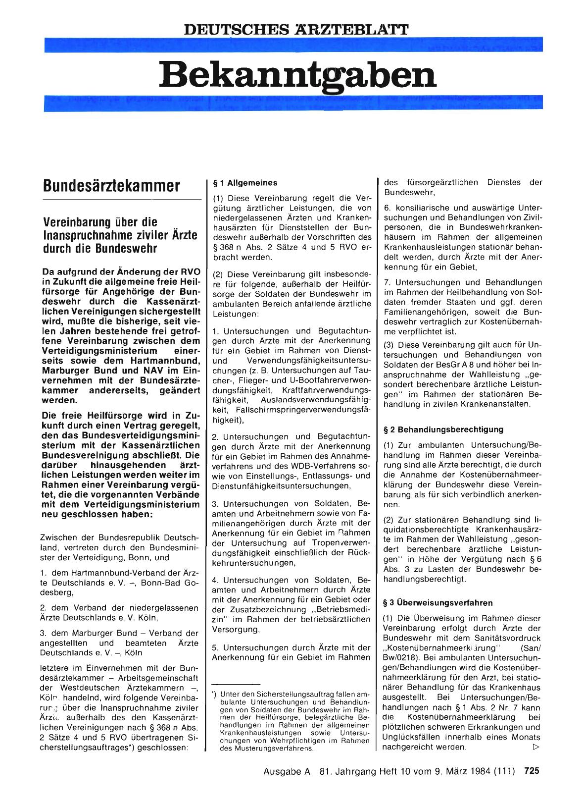 Vorschauseite 1: Vereinbarung über die Inanspruchnahme ziviler Ärzte durch die Bundeswehr