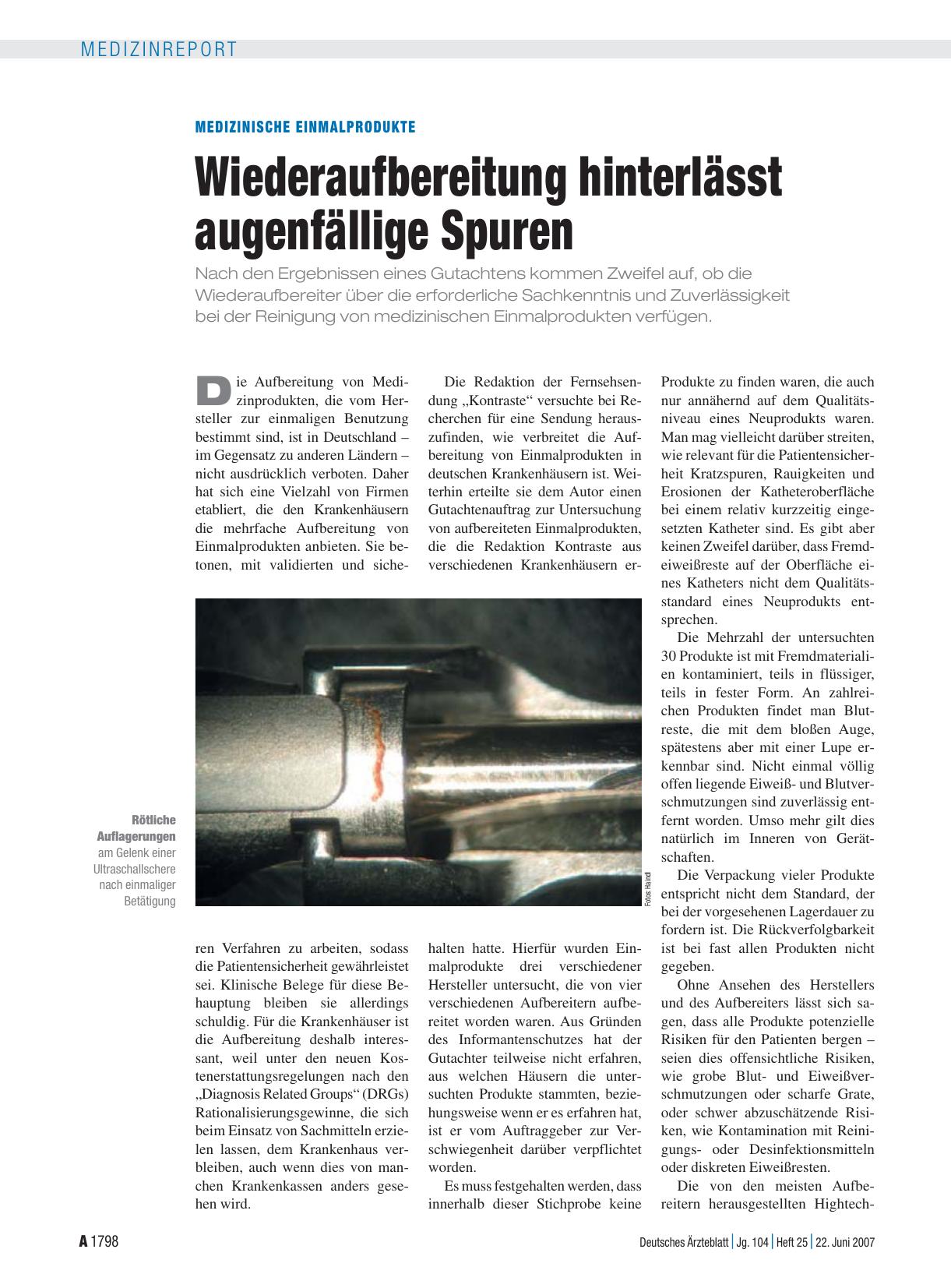 Vorschauseite 1: Medizinische Einmalprodukte: Wiederaufbereitung hinterlässt augenfällige Spuren