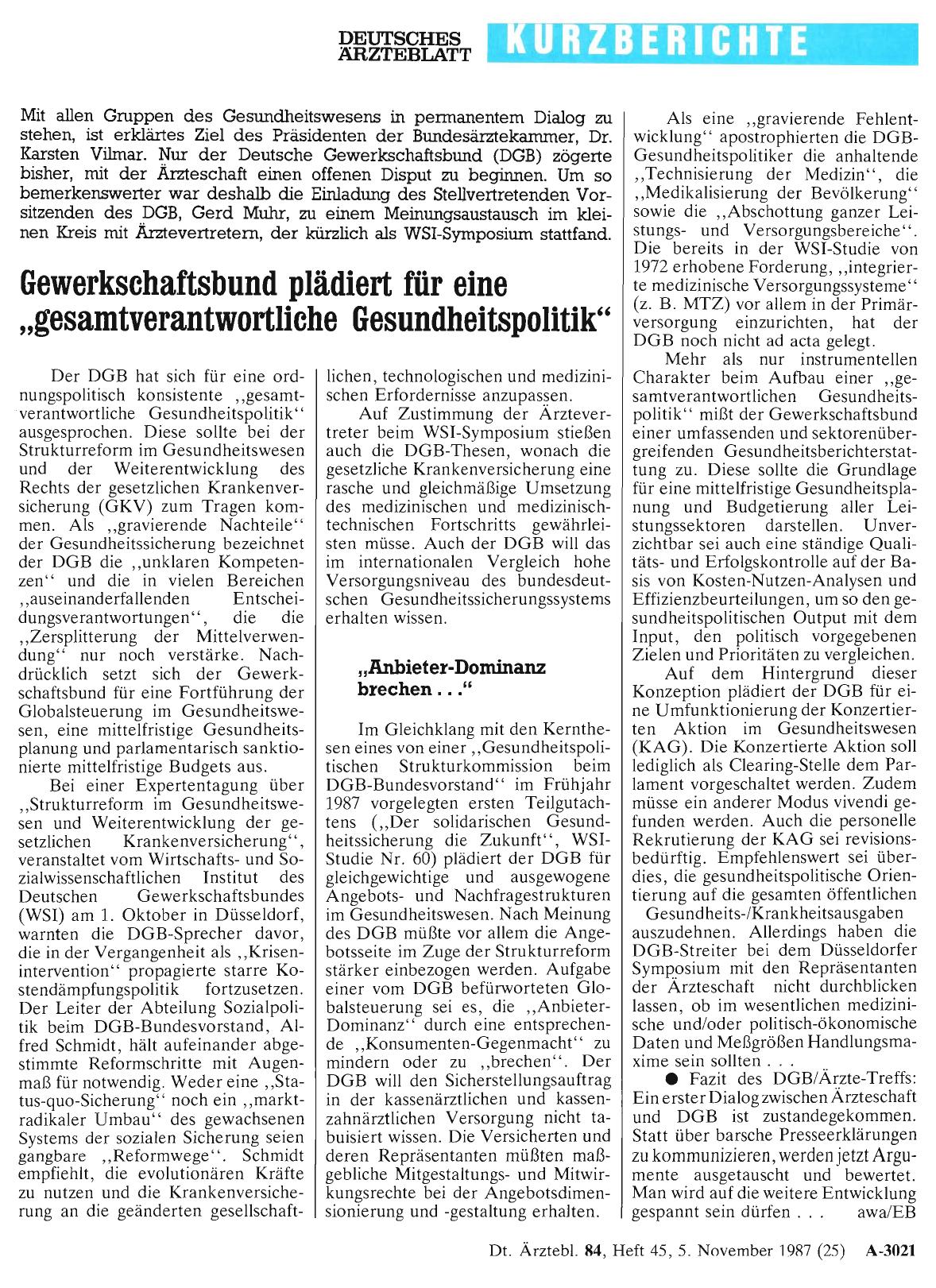 Vorschauseite 1: Gewerkschaftsbund plädiert für eine „gesamtverantwortliche Gesundheitspolitik“