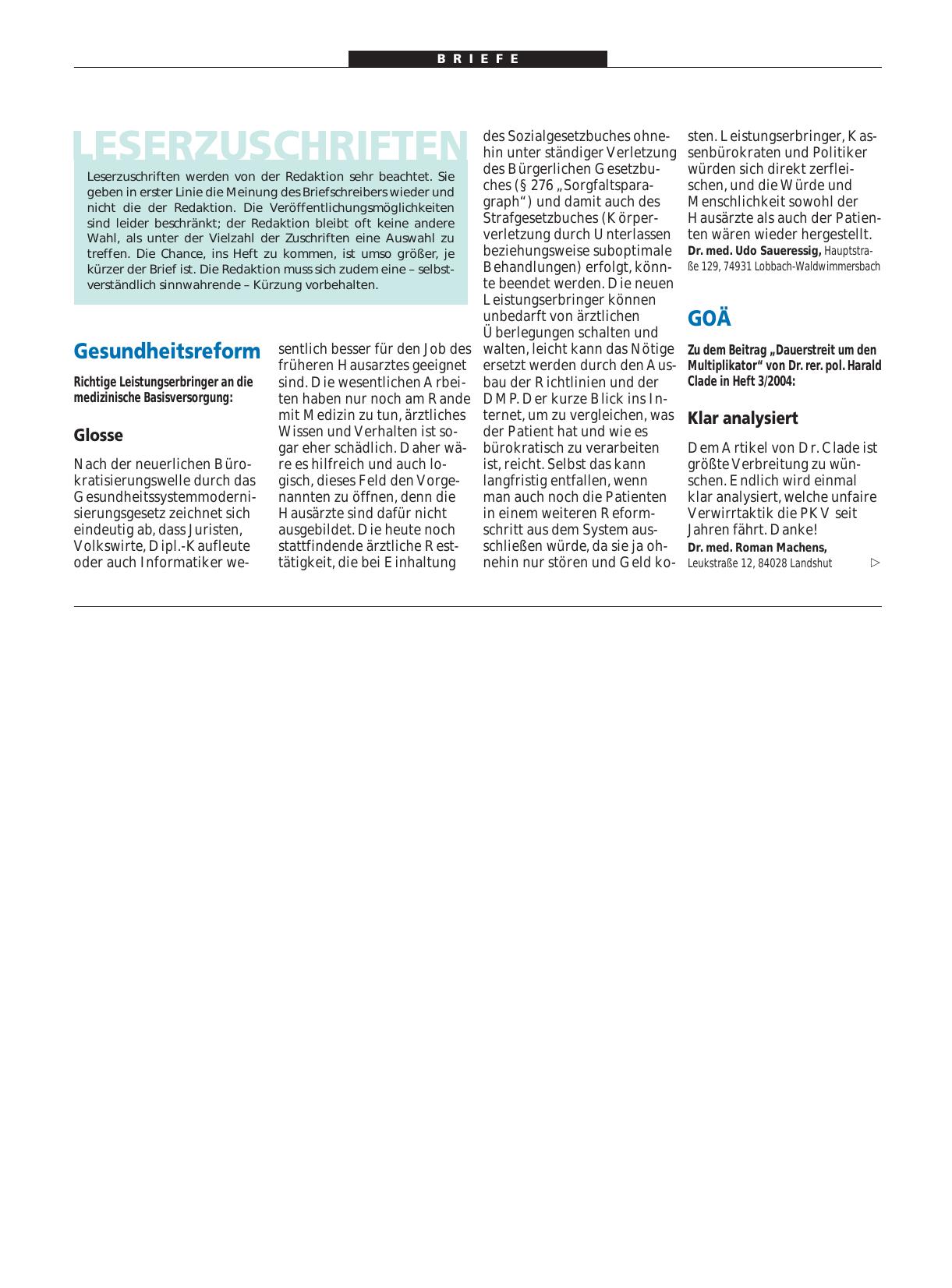 Vorschauseite 1: Gesundheitsreform: Glosse