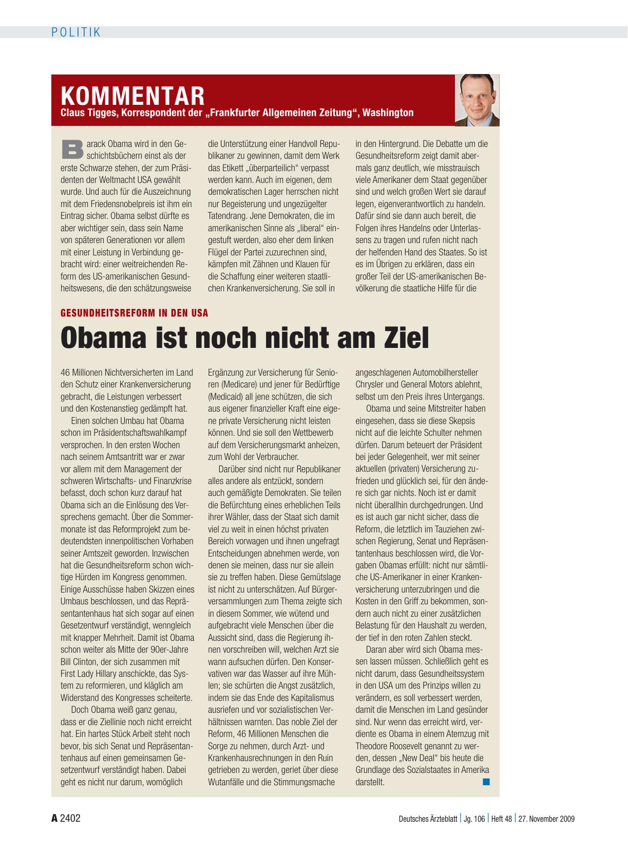 Vorschauseite 1: Gesundheitsreform in den USA: Obama ist noch nicht am Ziel