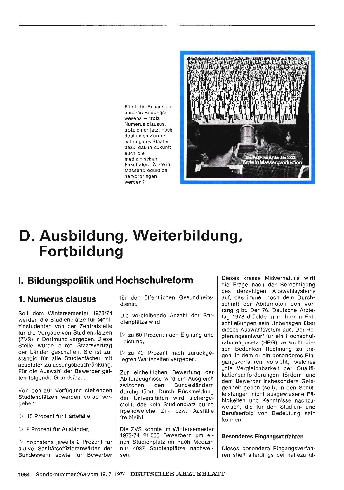 Vorschauseite 1: D. Ausbildung, Weiterbildung, Fortbildung: I. . Bildungspolitik und Hochschulreform: 1. Numerus clausus