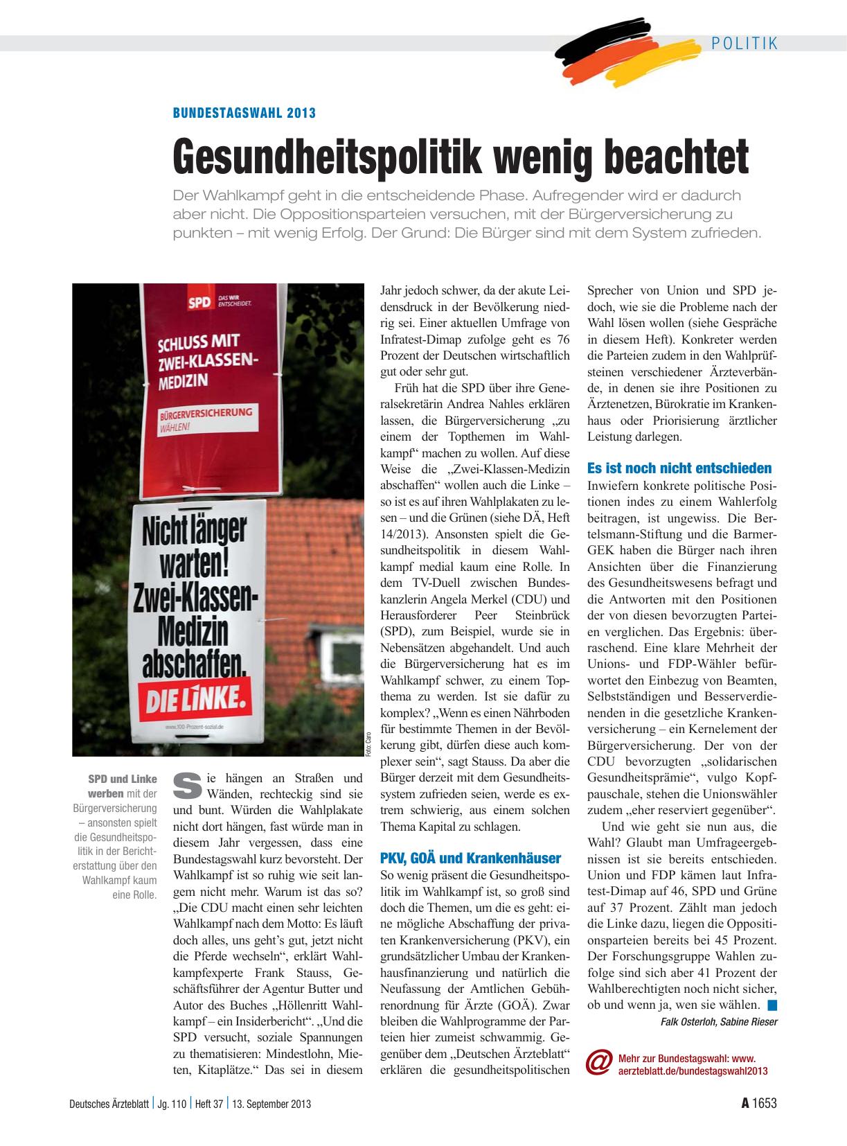 Vorschauseite 1: Bundestagswahl 2013: Gesundheitspolitik wenig beachtet