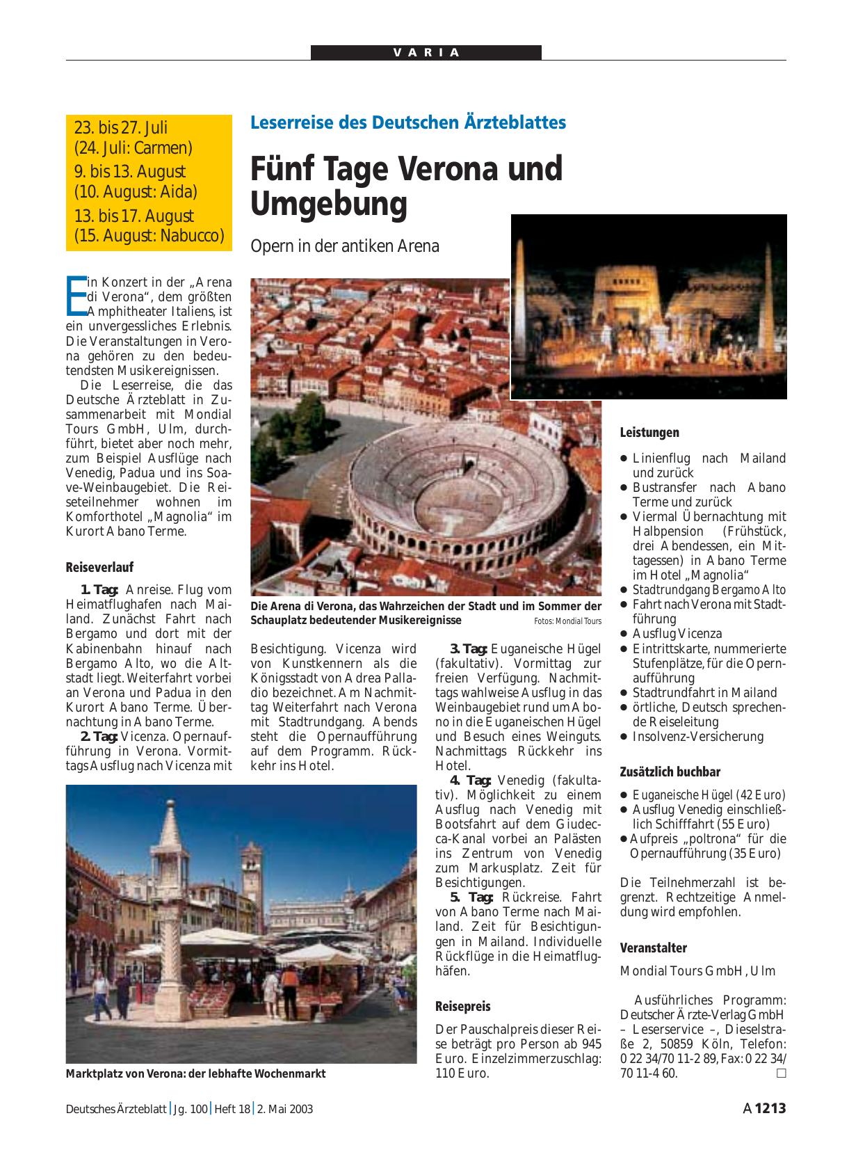 Vorschauseite 1: Leserreise des Deutschen Ärzteblattes: Fünf Tage Verona und Umgebung