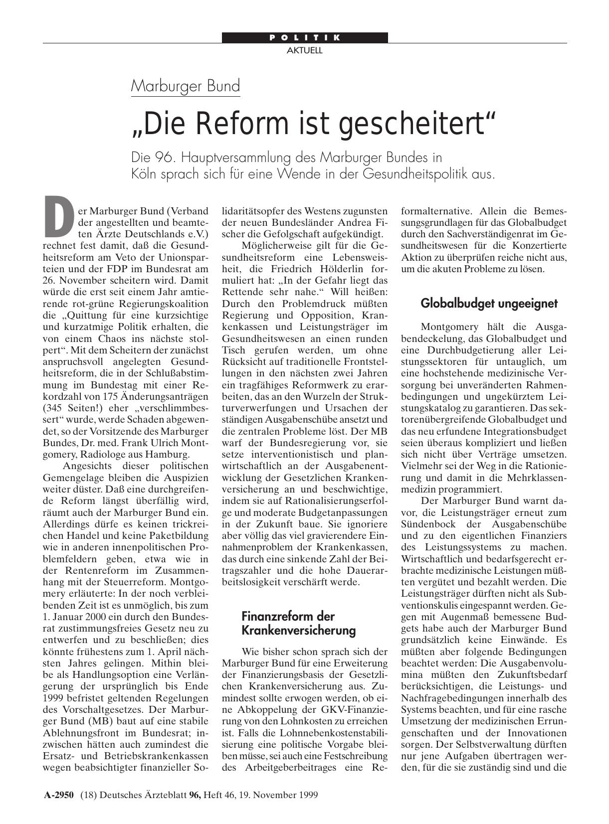 Vorschauseite 1: Marburger Bund: „Die Reform ist gescheitert“
